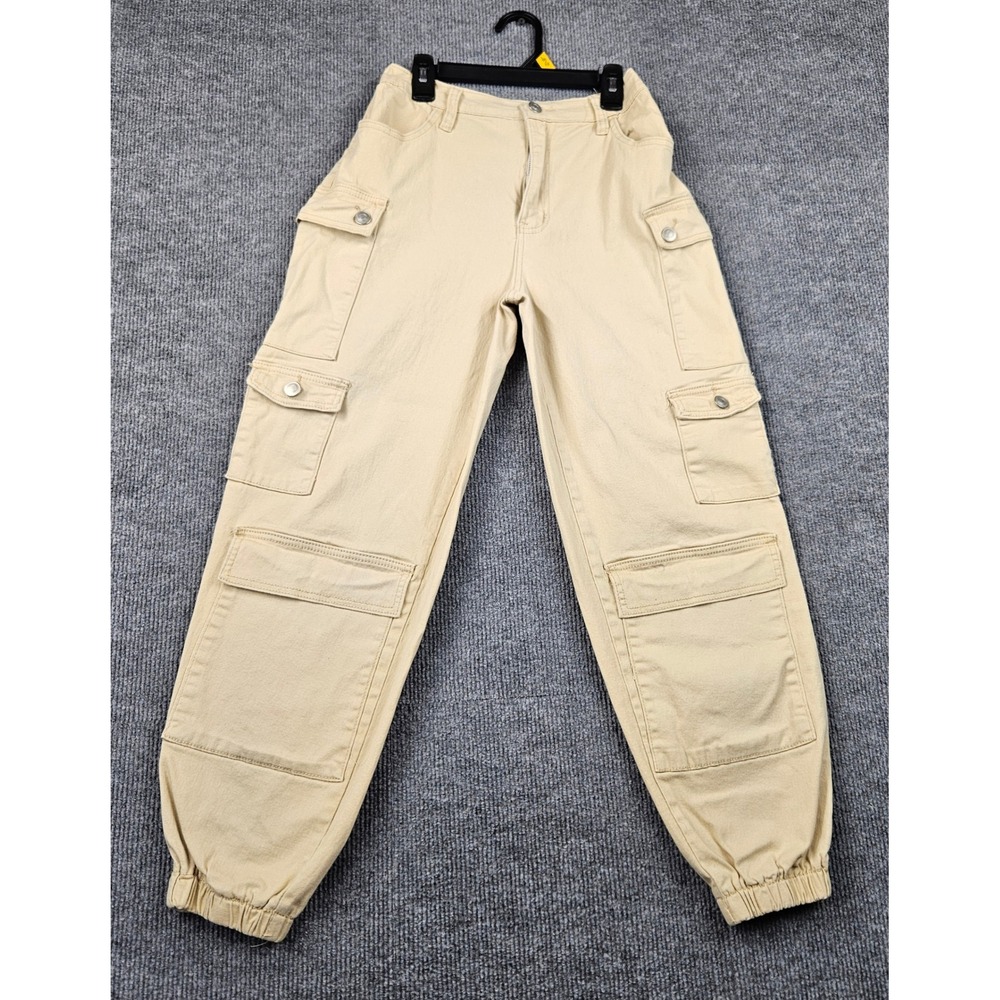 Almost Famous Womens Cargo Jogger Pants Tan Khaki Utility Multi Pocket Size S